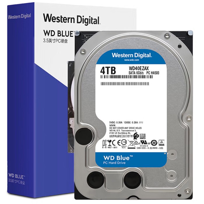 WD西部数据蓝盘4TB（WD40EZAX）机械硬盘5400转/散片